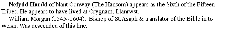 Text Box:      Nefydd Hardd of Nant Conway (The Hansom) appears as the Sixth of the Fifteen Tribes. He appears to have lived at Crygnant, Llanrwst.     William Morgan (1545~1604),  Bishop of St.Asaph & translator of the Bible in to Welsh, Was descended of this line.