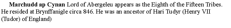 Text Box:      Marchudd ap Cynan Lord of Abergeleu appears as the Eighth of the Fifteen Tribes. He resided at Brynffanigle circa 846. He was an ancestor of Hari Tudyr (Henry VII (Tudor) of England)